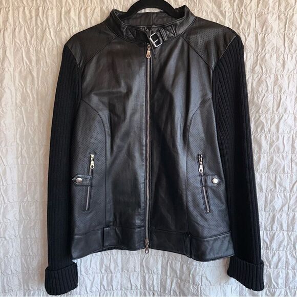 Maurice Sassoon,black cotton/leather zip sweater, size large - Picture 1 of 15
